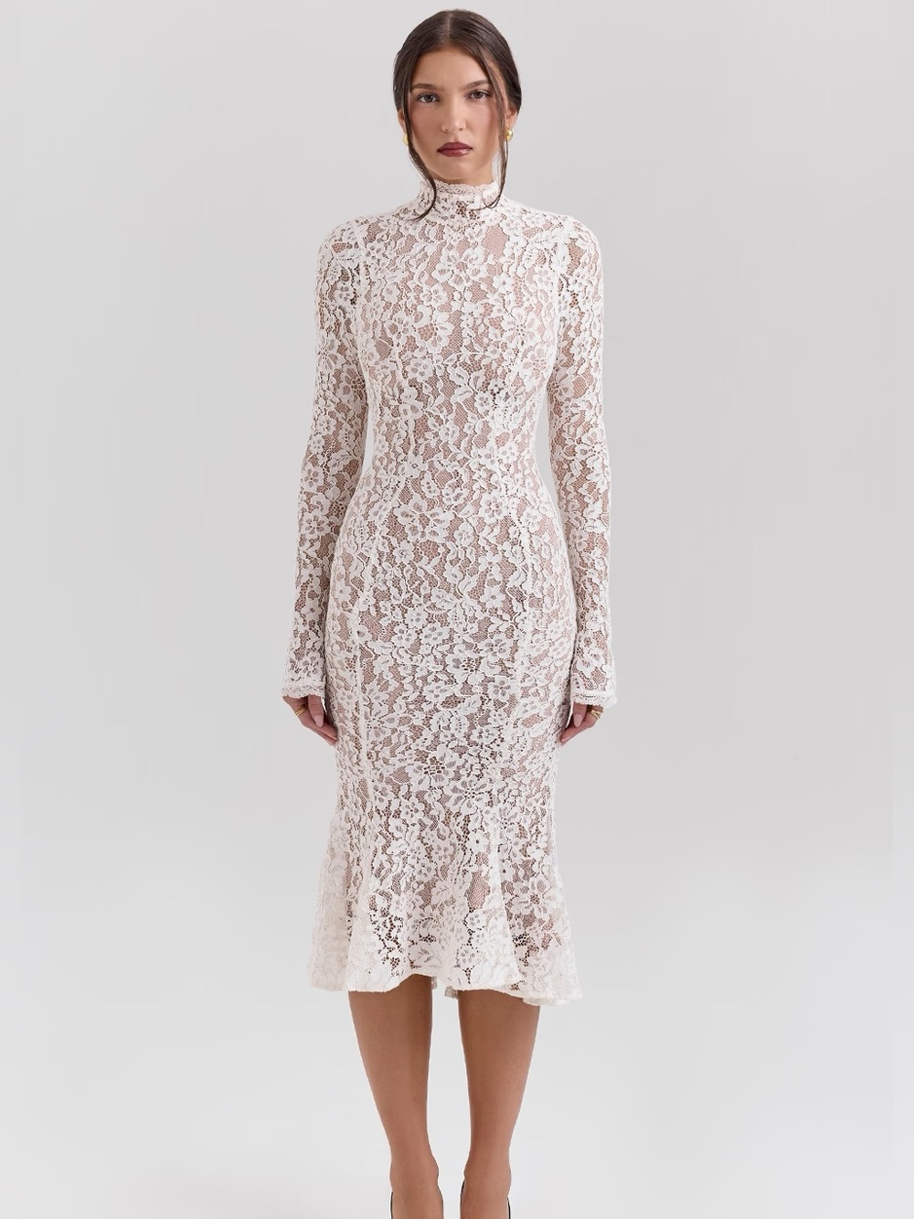 House of CB Ivory Floral Lace High-Neck Long Sleeve Midi Dress